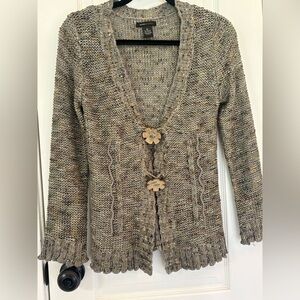 BCBGMaxAzria Boho Taupe Marled Knit Cardigan with Wood Flower Buttons Size M